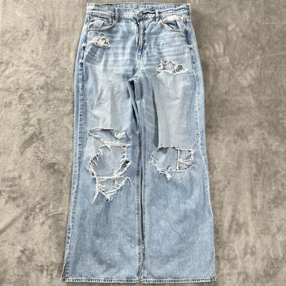 American Eagle Outfitters Denim - American Eagle Jeans Womens 8 Blue Super High Rise Baggy Wide Leg Ripped Denim